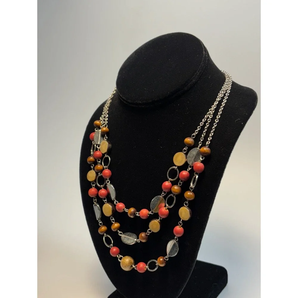 NY and Co‎ Layered Necklace Silver Red Brown Wood Bead Multi Strand Statement